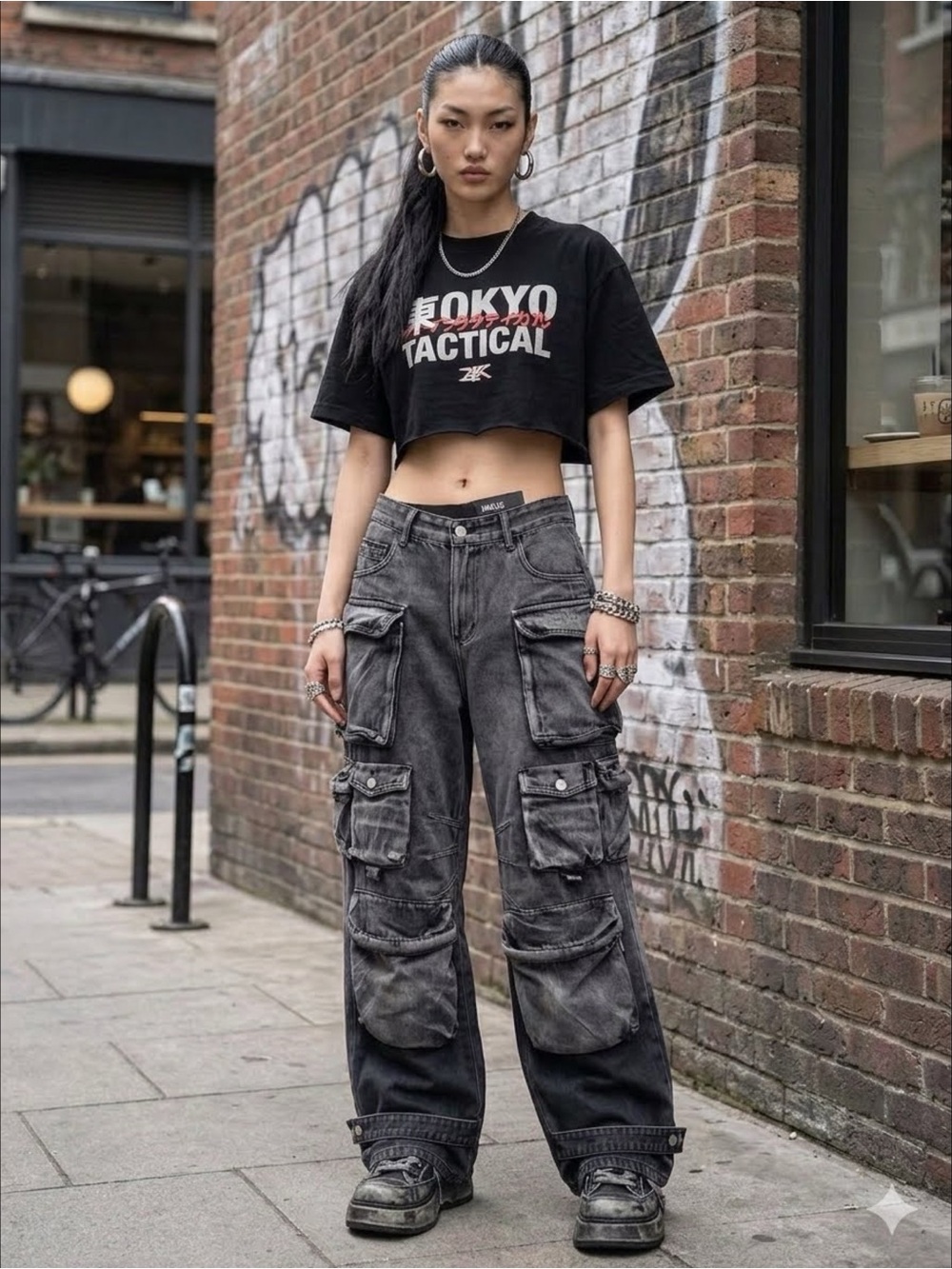 Micas Black Ombre Multi-Pocket Wide Leg Cargo Skater Y2K Cyber-Grunge Jeans L